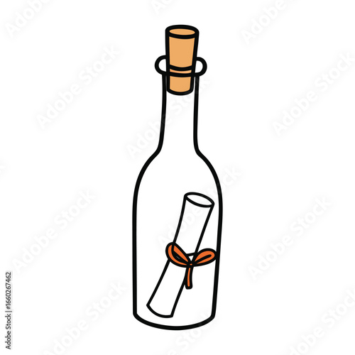 Cartoon message in a bottle with orange ribbon and cork stopper glass