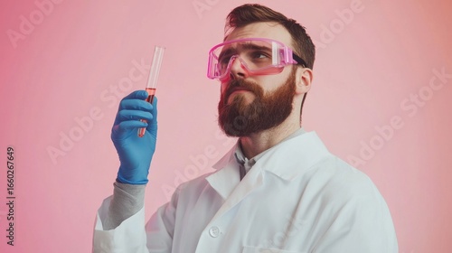 A professional male scientist with a beard, wearing a lab coat and safety glasses, holding a test tube with a confident and serious expression.