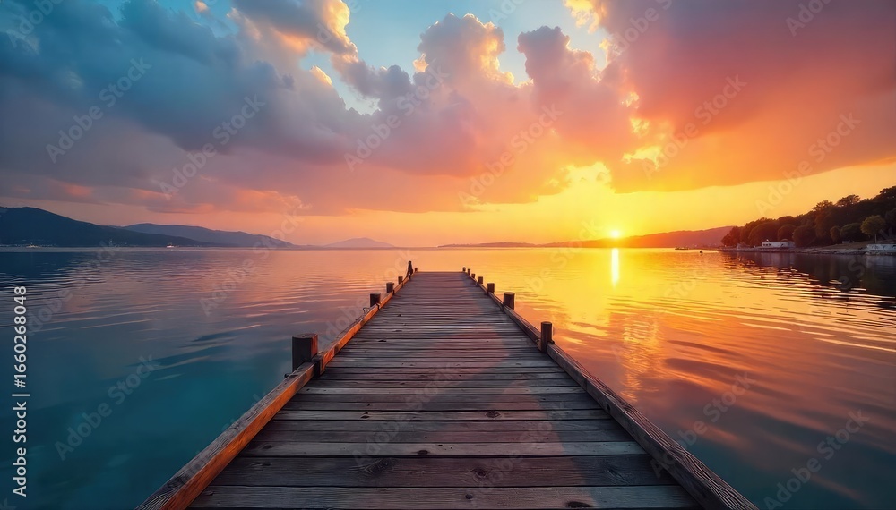 Fototapeta premium Serene Sunset over Calm Water Sturdy Wooden Dock at Peaceful Waterfront