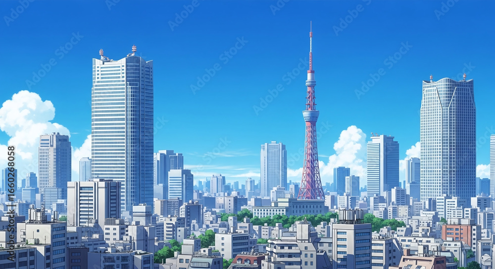 Fototapeta premium Beautiful tokyo cityscape skyline with skyscrapers urban buildings blue sky daytime anime art high detail wallpaper. Generative AI.