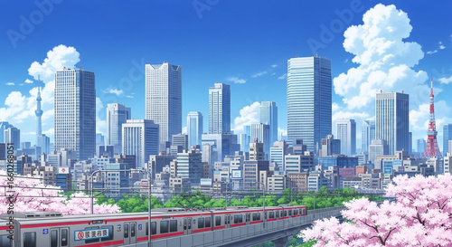 Beautiful tokyo cityscape skyline with skyscrapers urban buildings blue sky daytime anime art high detail wallpaper. Generative AI.