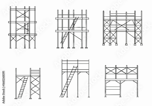 Set of various scaffolding structures in simple line art style on a white background, representing construction and building support.