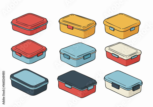 A vibrant collection of isometric lunch boxes and food containers in various color combinations, perfect for school, office, or picnic meals, rendered in a clean vector illustration style.