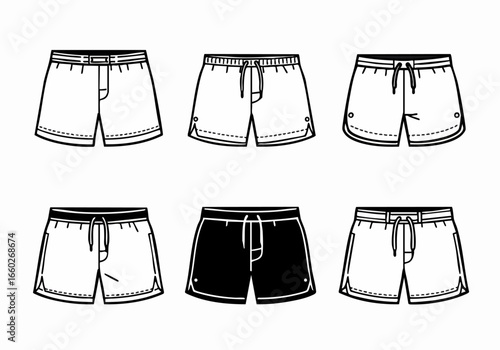 Collection of various men's and women's shorts and swim trunks illustrations, showcasing different styles and designs in black and white line art.