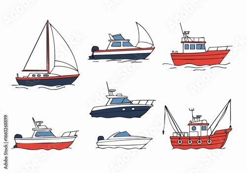 Hand-Drawn Collection of Various Boats and Marine Vessels, Including Sailboats, Motorboats, and Fishing Boats, Illustrated in a Simple Doodle Style.
