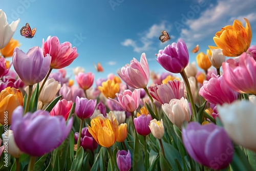 Vibrant tulips bloom under a clear blue sky with butterflies.