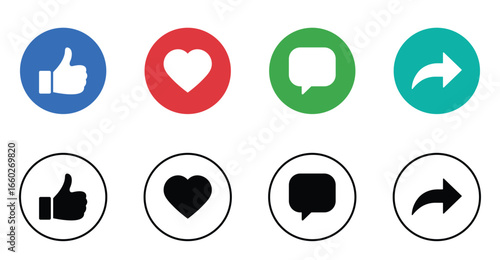 Colorful and Outline Social Media Icons for Like, Love, Comment, and Share Actions