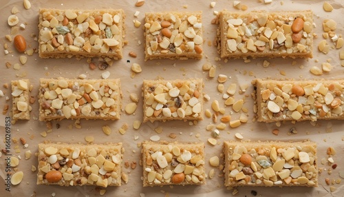 Barres de collation saines et amandes soigneusement disposées sur un fond beige.