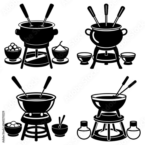 A collection of four black and white fondue sets with pots, stands, skewers, and accompanying bowls shown