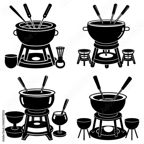 Four black and white fondue sets with pots stands and dipping utensils in a graphic illustration style