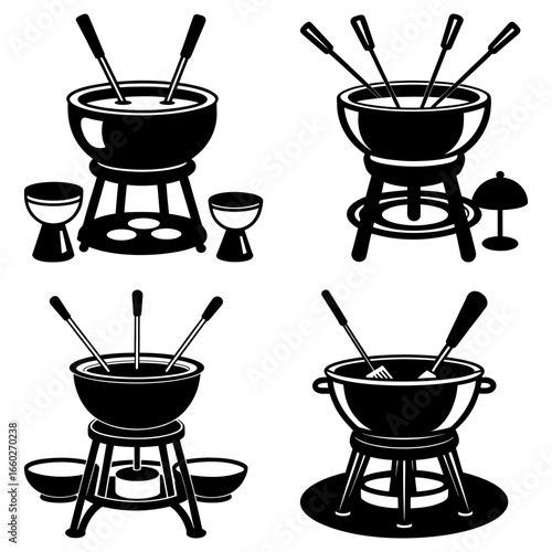 Four fondue sets with pots, stands, forks, and bowls in a black and white vector illustration style