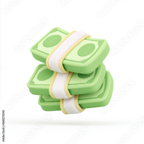 Three stacks of bundled banknotes on a white background