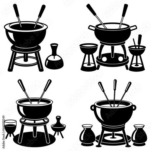 Collection of four fondue sets with pots stands and dipping forks in a black and white illustration