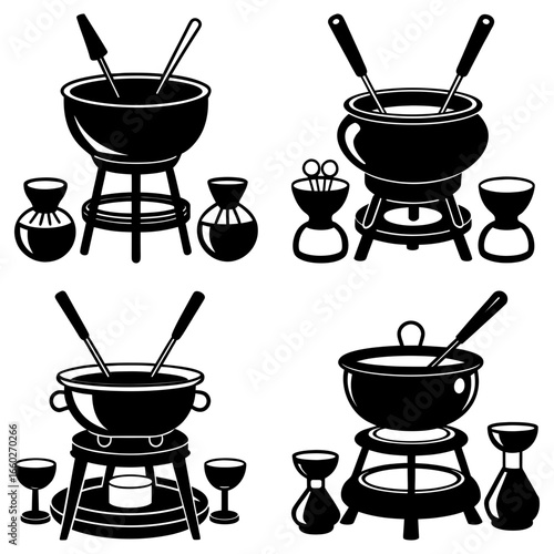 Four fondue sets with pots on stands and dipping utensils in a black and white vector illustration