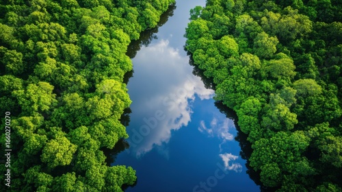 An aerial view of a vibrant green forest with a winding, snake like river flowing through it, creating a natural and serene landscape.