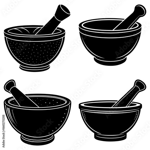Illustration featuring four distinct mortar and pestle sets in a bold black and white design style