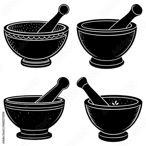 Four mortar and pestle sets in black and white with varying bowl designs and pestle positions shown