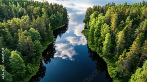 A stunning aerial view of a dense green forest with a winding river, creating a beautiful and peaceful natural landscape with reflections in the water.