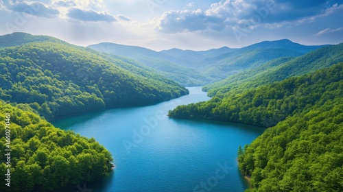 A breathtaking aerial view of a stunning blue lake nestled in a green mountain valley, with a winding river flowing into it.