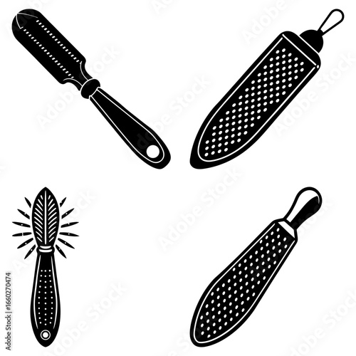 Illustration of four different black and white graters with handles and grating surfaces design