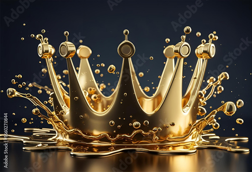 Golden crown emerging from liquid splash with bubbles