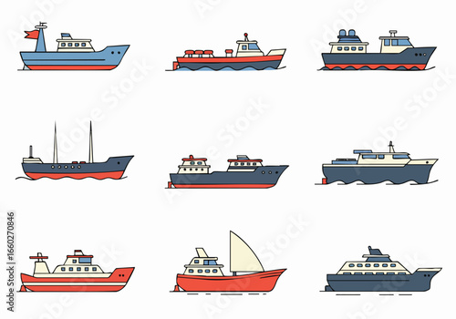 Collection of Hand-Drawn Cartoon Ship and Boat Icons: Diverse Water Transport Vessels in Flat Design Style