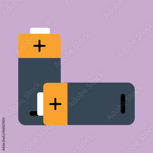 Two stylized batteries are arranged on a lilac background showing simple shape