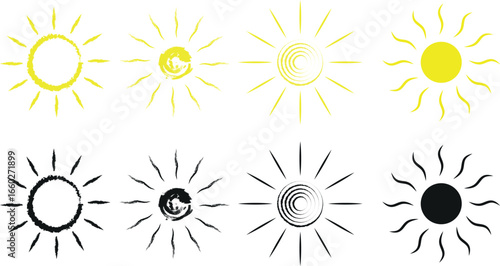 Various brushstroke sun shapes radiate vibrant energy across a clean transparent background