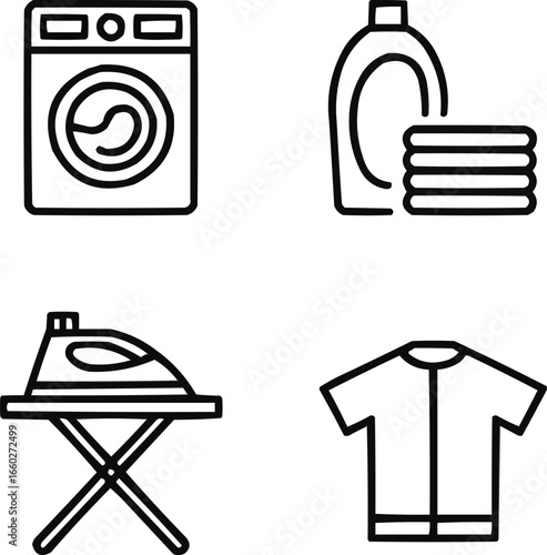 Laundry and Dry Cleaning Line Icons, Washing and Ironing Services Vector Set