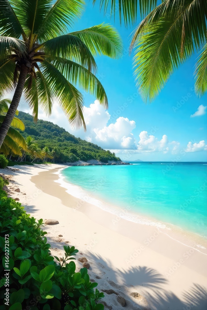 Fototapeta premium Sun-Kissed Caribbean Beach Turquoise Waters Gently Lap White Sands, Lush Tropical Foliage Framing a Relaxing Paradise Scene, Perfect for Travel and Vacation Projects