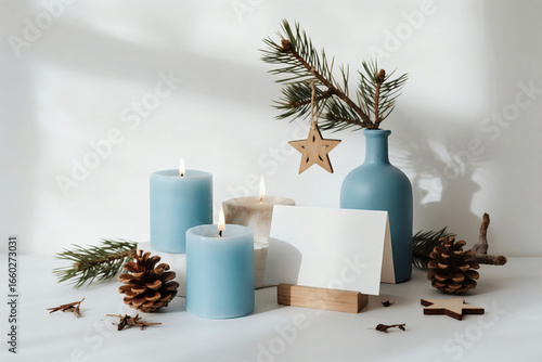star blue bottle paper notebook wood winter snowflake pinecone candle pine tree decoration frame photos greeting cards mockup photo E-commerce marketing poster Background shooting scene