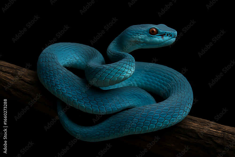 Fototapeta premium A stunning blue insularis white-lipped pit viper with vibrant scales and an intense stare, coiled gracefully on a dark tree branch, perfect for wildlife photography