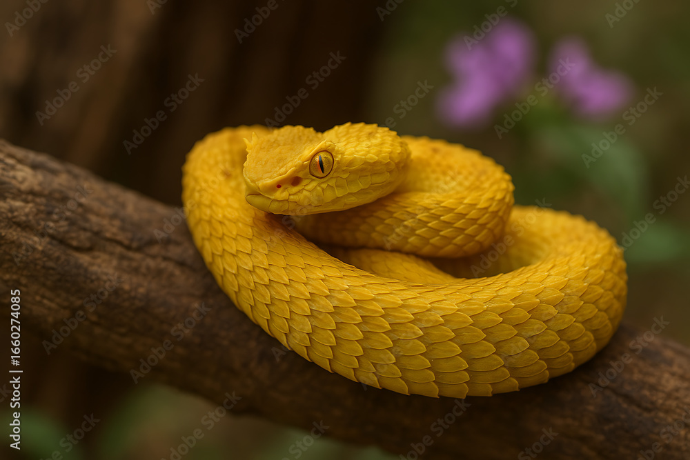 Fototapeta premium An exquisite yellow eyelash viper coiled calmly on a tree branch, its distinctive head scales and captivating eyes visible in a soft, natural, and beautiful setting