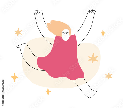 Quirky abstract character isolated. Happy doodle woman jumping excited. Cute vector illustration in hand drawn line art style.