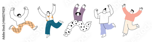 Quirky abstract people in hand drawn line art style. Set of modern man, woman expressing positive emotions, happiness. Cute vector illustration