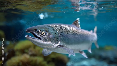 Close up of live chum salmon swimming underwater in natural habitat.