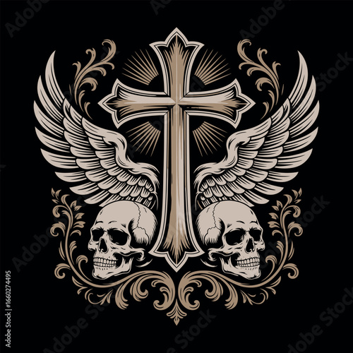 Two Skulls Winged Cross Ornate Black Background wings