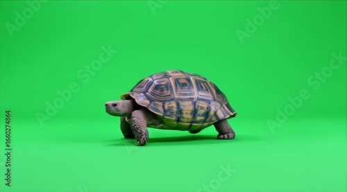Turtle walking slowly across green background, studio shot for easy keying and compositing