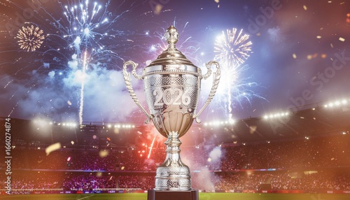 Golden trophy with 2026 inscription celebrating victory at a stadium with fireworks and confetti symbolizing achievement success and anticipation 