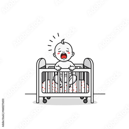 Crying baby in crib with red accents on white background, emotional support