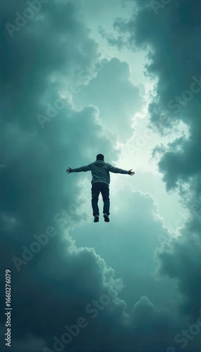 Wallpaper Mural Dramatic Freefall A Figure Plummets Against a Dark, Overcast Sky, Evoking Feelings of Risk, Vulnerability, and Surrender.  Ideal for illustrating concepts of danger, desperation, or loss. Torontodigital.ca