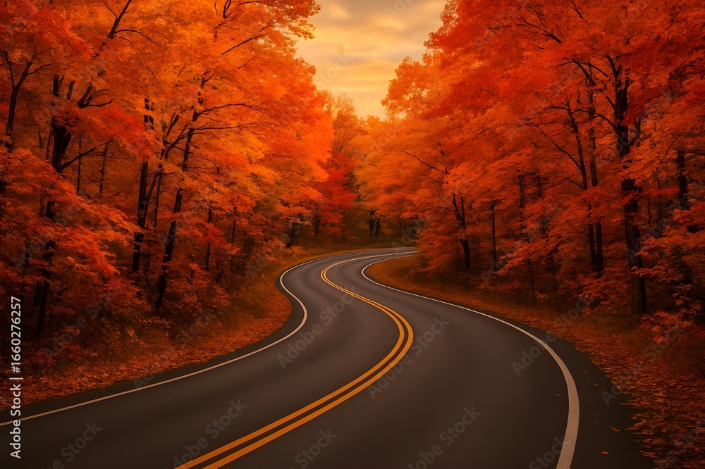 Naklejka premium Road Winding Through Autumn Forest 