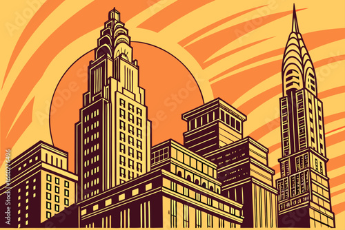 Art deco sunset landscape with geometric sun and stylized clouds
