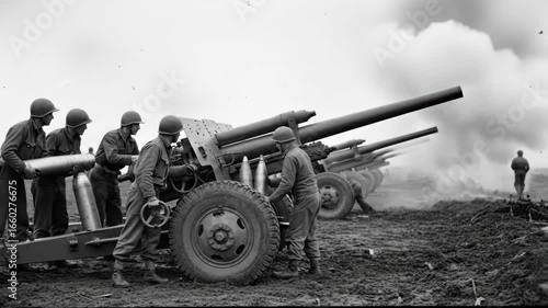 Artillery Crew Firing Heavy Cannons - A black and white video depicting soldiers loading and firing heavy artillery cannons during wartime.