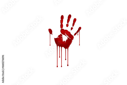 Blood hand print isolated on png background. Horror scary blood dirty handprint, fingerprint. Red palm scary elements with stain, splatter and streams.