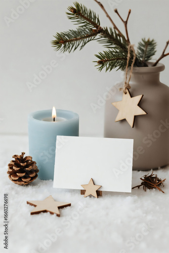 star blue bottle paper notebook wood winter snowflake pinecone candle pine tree decoration frame photos greeting cards mockup photo E-commerce marketing poster Background shooting scene