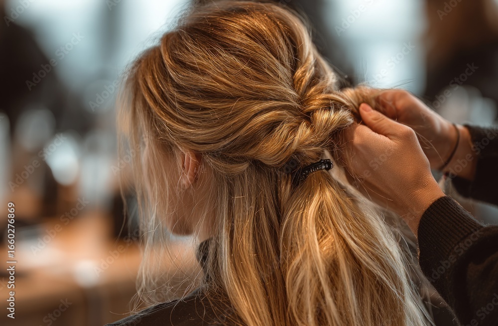 Obraz premium A blonde woman's hair is styled with delicate braiding, hands carefully arranging strands for an elegant look