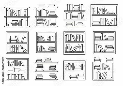 Line art collection of various bookshelves filled with books and standalone book stacks, representing libraries, learning, and literature concepts.