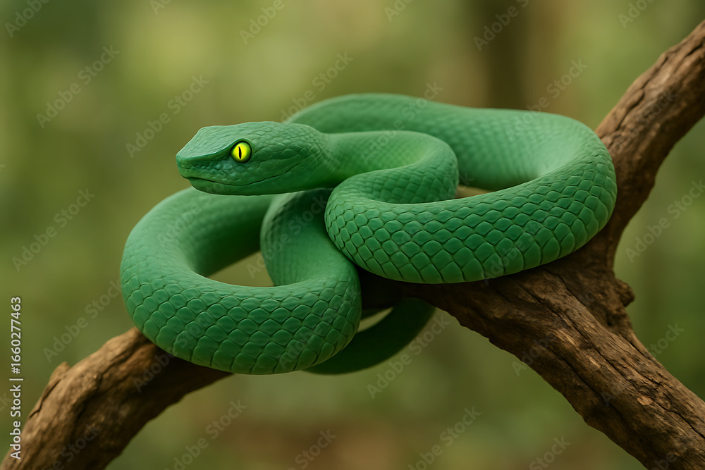 Obraz premium A beautiful green pit viper snake with striking yellow eyes, coiled on a tree branch in a natural environment