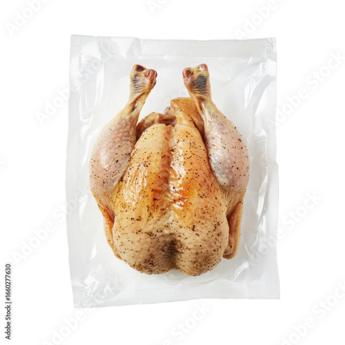 Raw whole seasoned chicken in vacuum-sealed packaging on transparent background